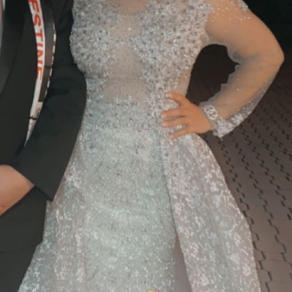 Silver overskirt Mac Duggal Dress! Been worn once. Perfect condition!